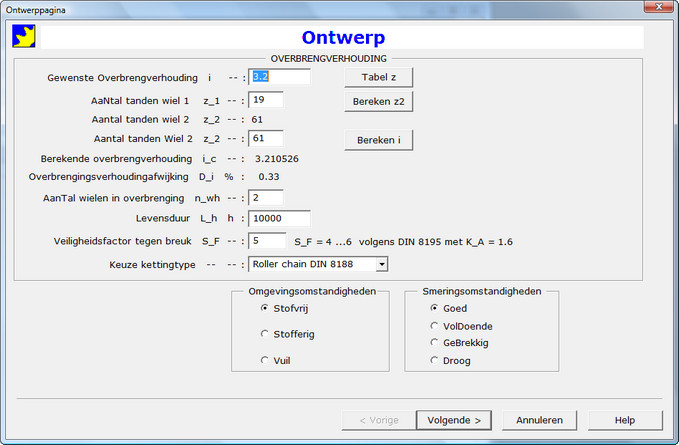 Dialoogvenster Ontwerpspecificaties Kettingoverbrenging