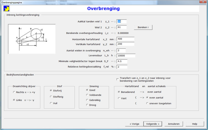 Dialoogvenster Verificatieberekening Kettingoverbrenging