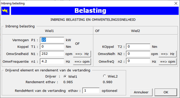 Dialoogvenster Belasting