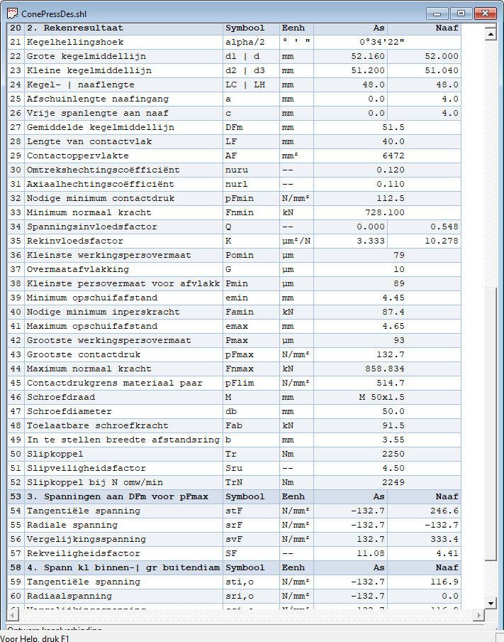 Uitvoer Ontwerpberekening Kegelpersverbinding
