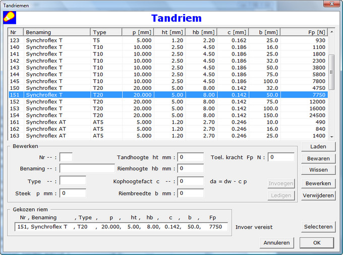 Dialoogvenster Tandriemen