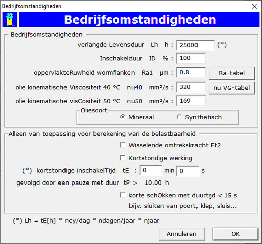 Dialoogvenster Bedrijfsomstandigheden